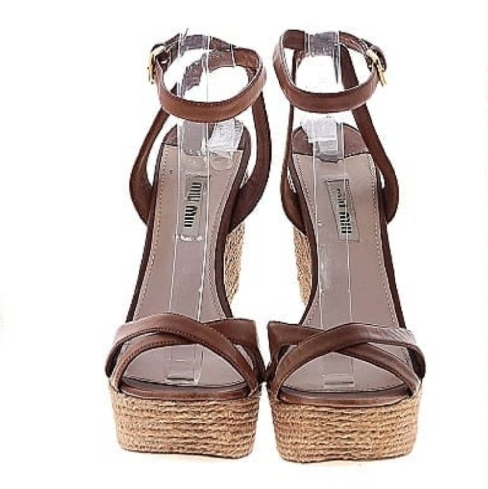 MIU MIU Prada Sz 38 Leather Espadrille Heel Wedges - Picture 2 of 16